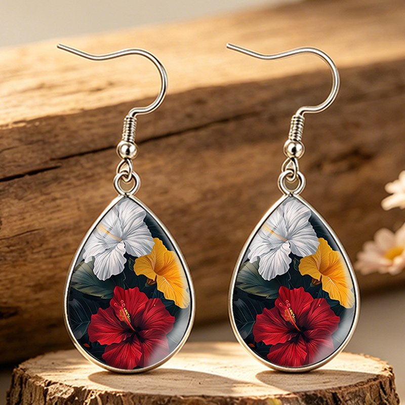 Women's Three Colors Hibiscus Flower Tear Drop Glass Cabochon Earrings